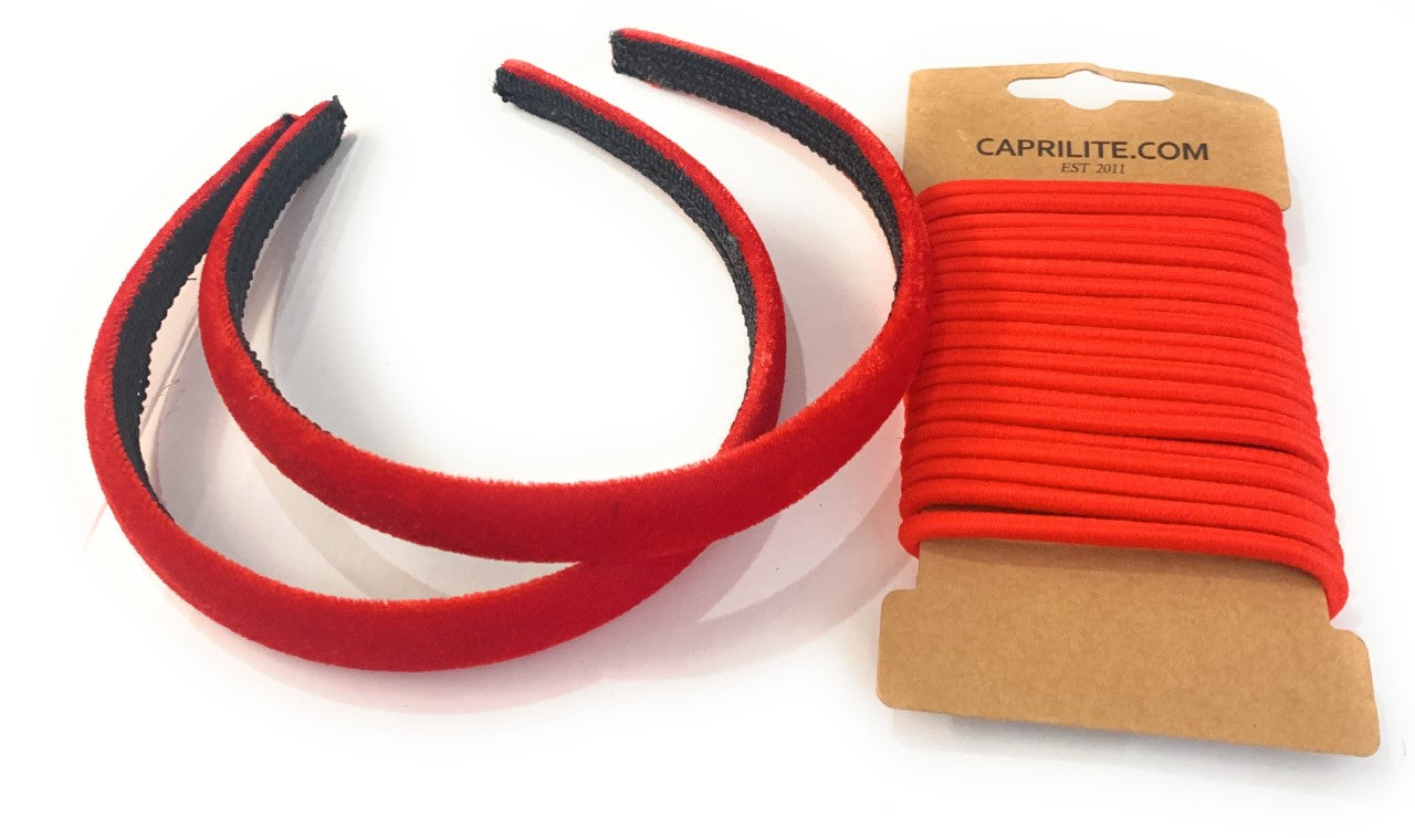 2 Velvet Girls School Headband Alice Band + 20 Elastics Hair Ties Bobbles Ponies Set UK - Red