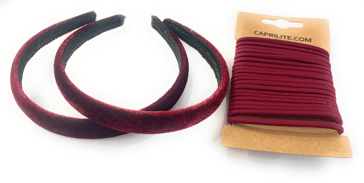 2 Velvet Girls School Headband Alice Band + 20 Elastics Hair Ties Bobbles Ponies Set UK - Burgundy / Dark Red
