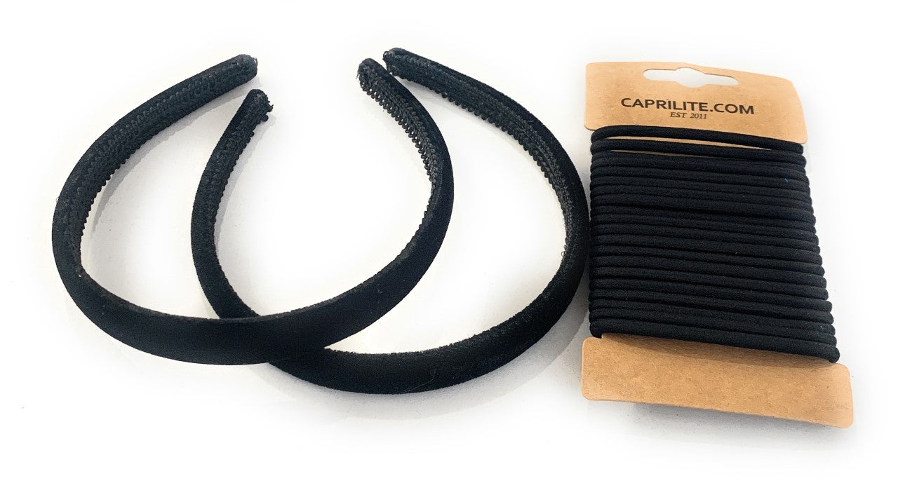 2 Velvet Girls School Headband Alice Band + 20 Elastics Hair Ties Bobbles Ponies Set UK - Black