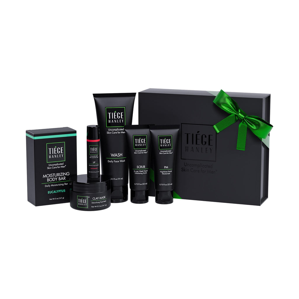 Tiege Hanley Silver 6-Piece Men’s Skincare Gift Set – Face Wash, PM Moisturizer, Scrub, Mask, Lip Balm, Body Bar