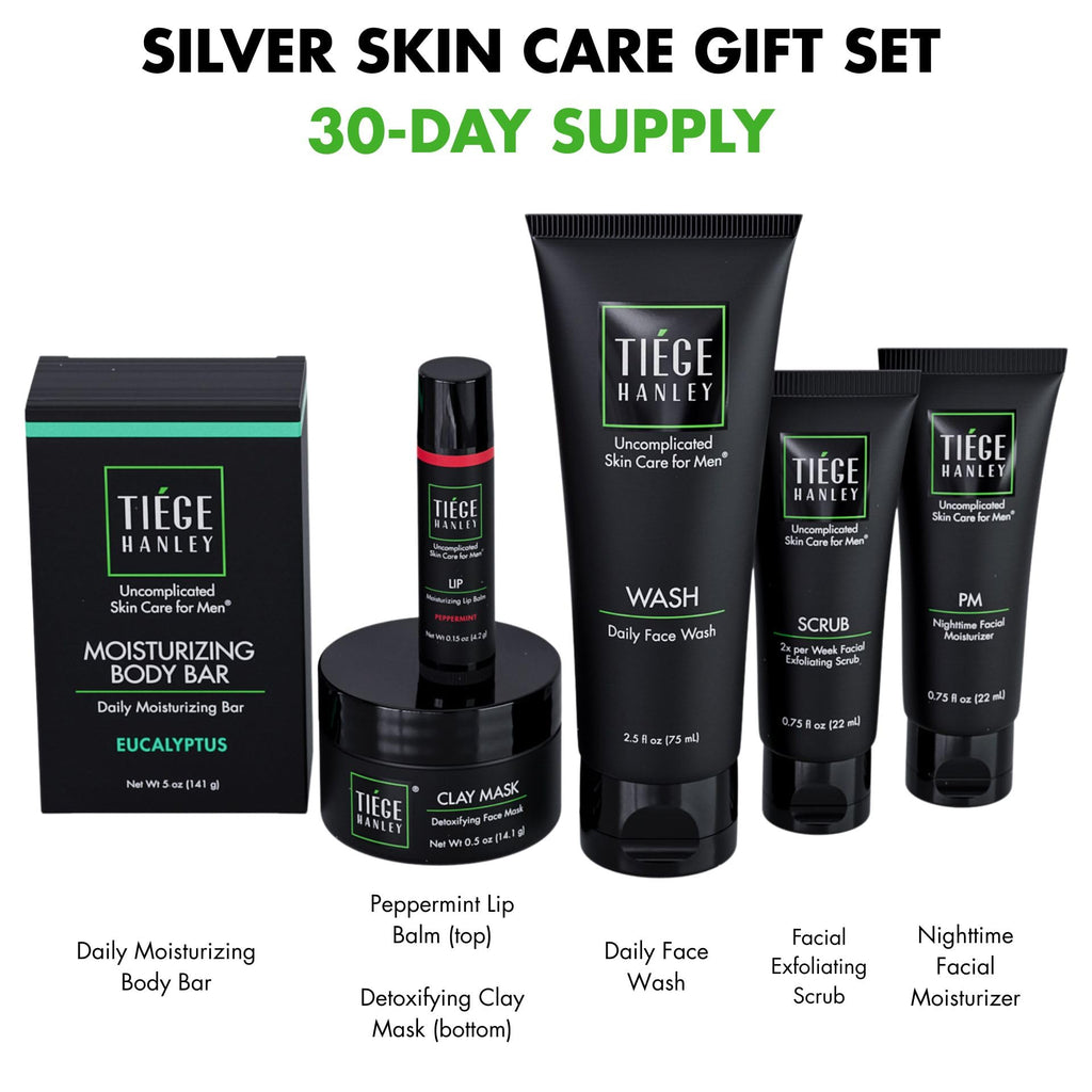 Tiege Hanley Silver 6-Piece Men’s Skincare Gift Set – Face Wash, PM Moisturizer, Scrub, Mask, Lip Balm, Body Bar