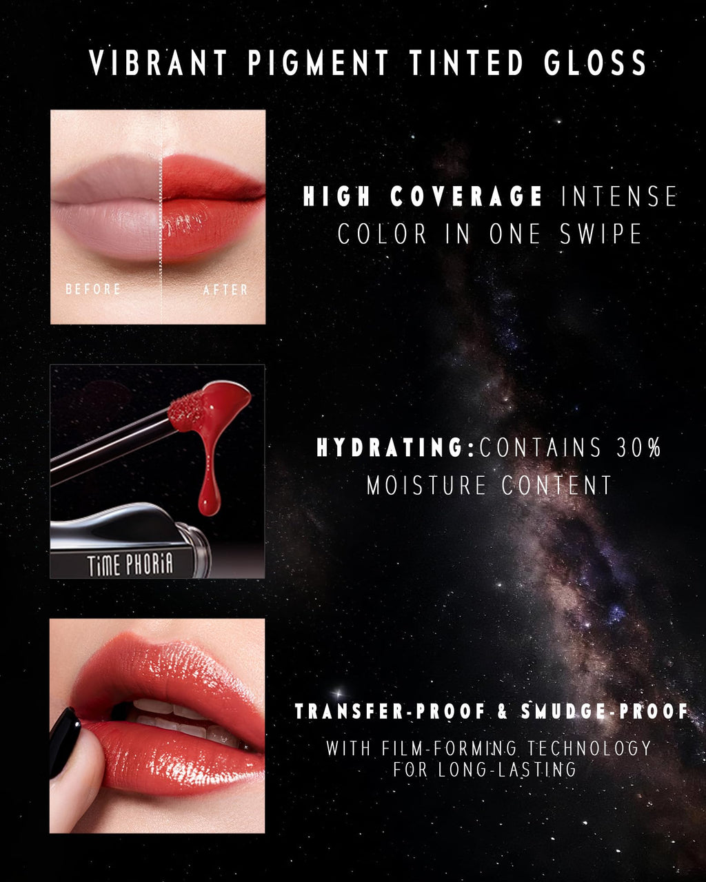 TIMEPHORIA Stellar Dust Lip Stain 09 Enigma – Transfer-Proof, Hydrating High-Pigment Lip Gloss