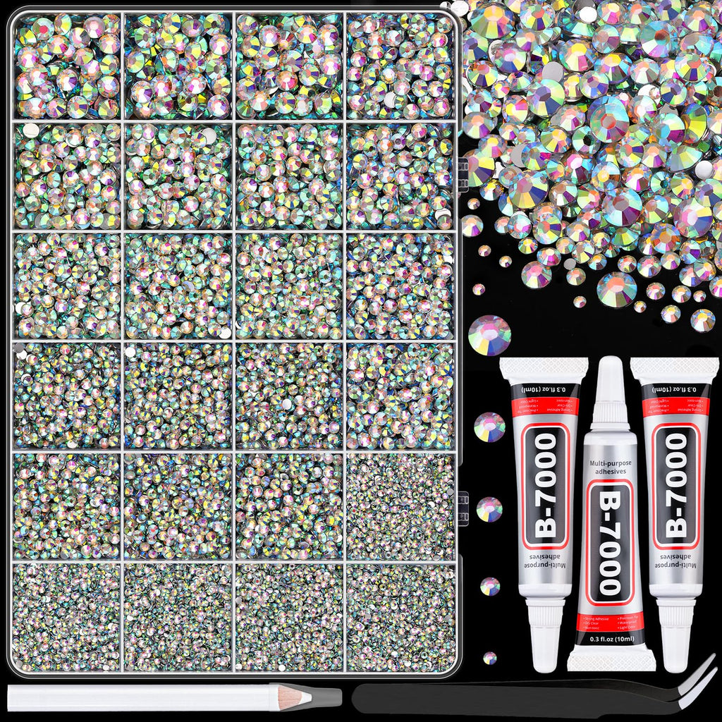 TINKRSTUFF 25000 Pcs Resin Rhinestones with Tweezers & 3 B7000 Glue – AB 2-6mm Mix for Nail Art & Makeup