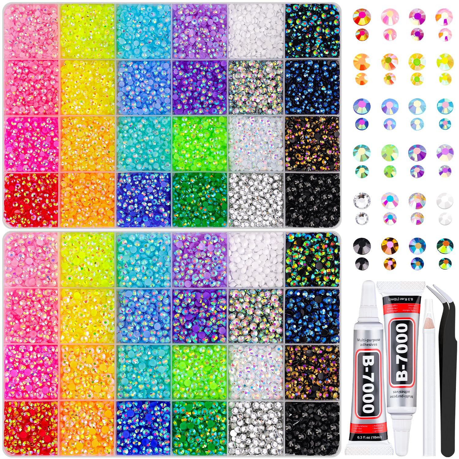 TINKRSTUFF 2 Boxes Jelly Rhinestones Kit: 25,000 Multicolor 3mm & 4mm Resin Gems + 2×10ml B7000 Glue + Tools