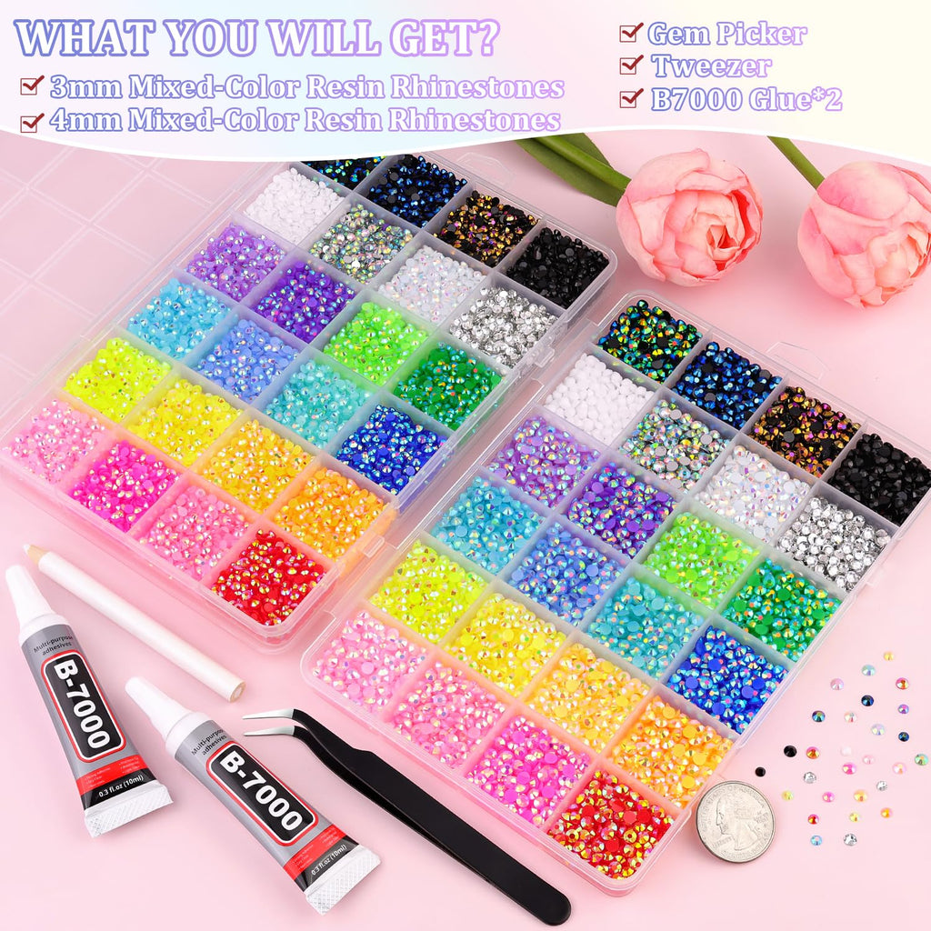 TINKRSTUFF 2 Boxes Jelly Rhinestones Kit: 25,000 Multicolor 3mm & 4mm Resin Gems + 2×10ml B7000 Glue + Tools