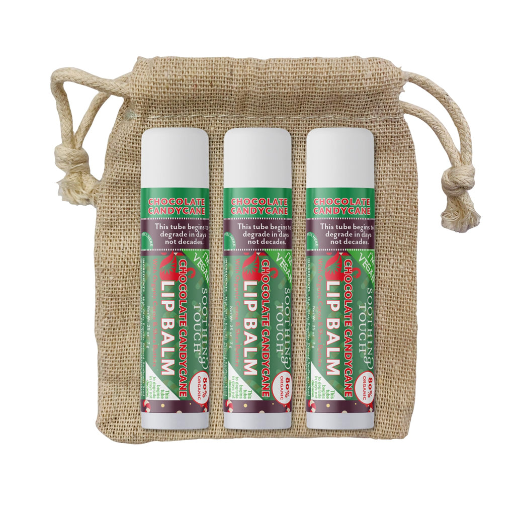 Tiny Seed Vegan Lip Balm Set – 3x 0.25 oz Chocolate Candy Cane + Muslin Pouch