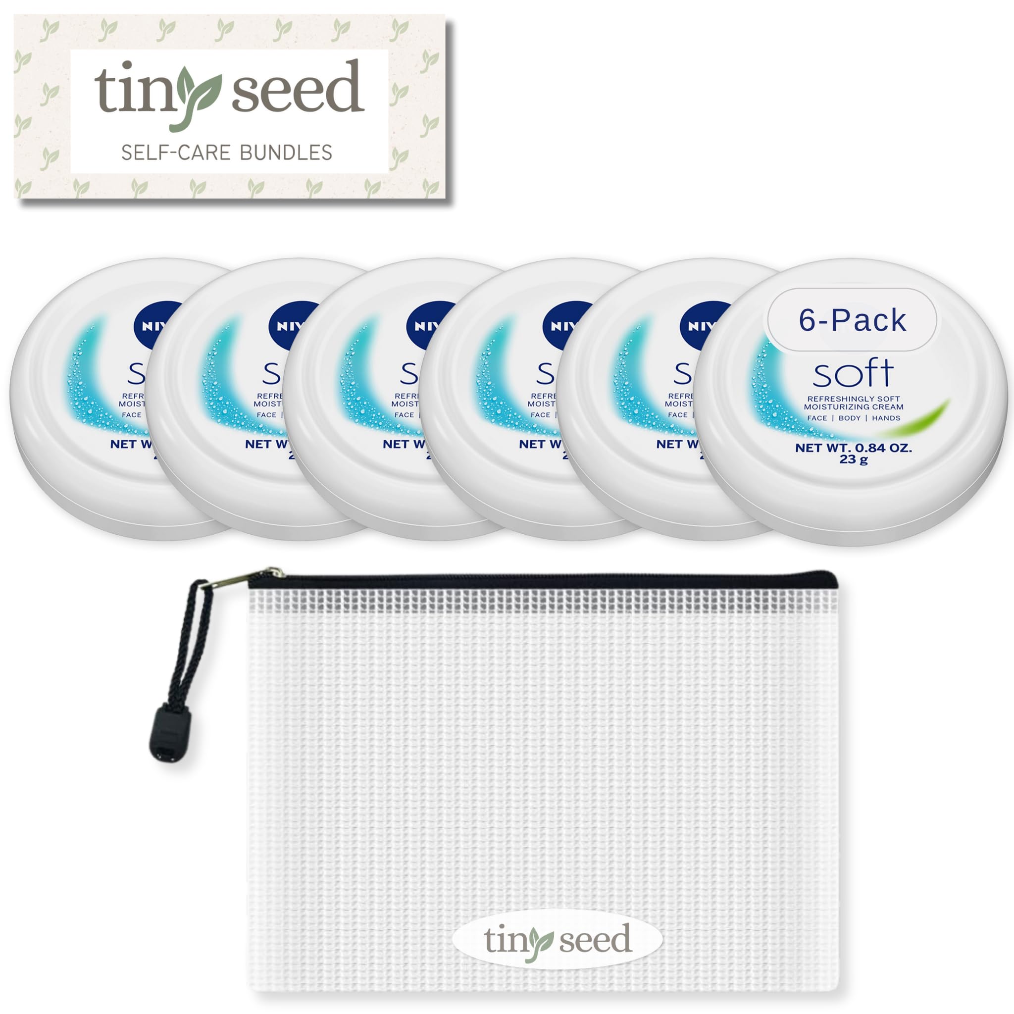 TINY SEED Travel Kit: 6-Pack Nivea Soft Cream (0.84 oz) + Free Zipper Pouch