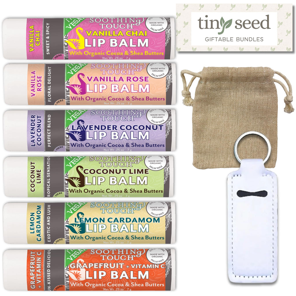 TINY SEED Vegan Lip Balm Set — 6 Flavors + Muslin Pouch & Lip Balm Holder | Cruelty-Free & Paraben-Free