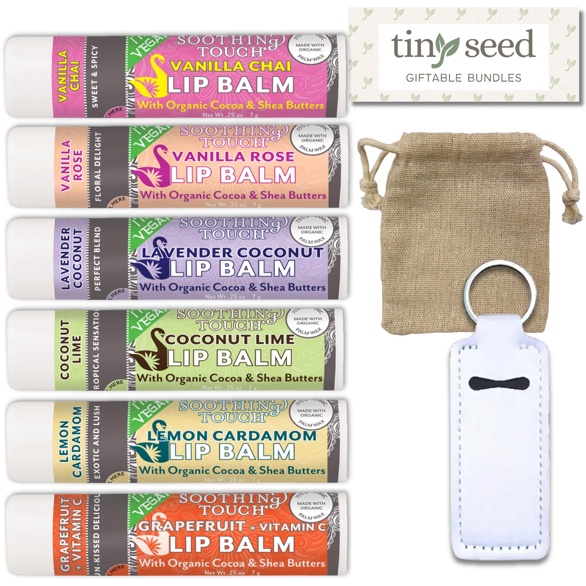 TINY SEED Vegan Lip Balm Set — 6 Flavors + Muslin Pouch & Lip Balm Holder | Cruelty-Free & Paraben-Free