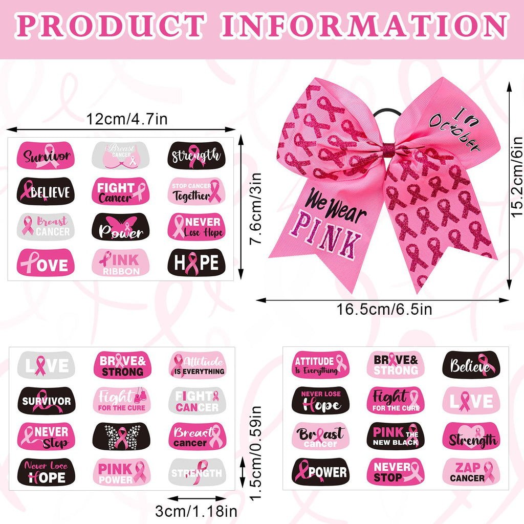 Tisancy 16 Pcs 8-inch Large Cheer Hair Bow + 15 Sheets Breast Cancer Awareness Temporary Tattoos – Fundraising & Team Gear