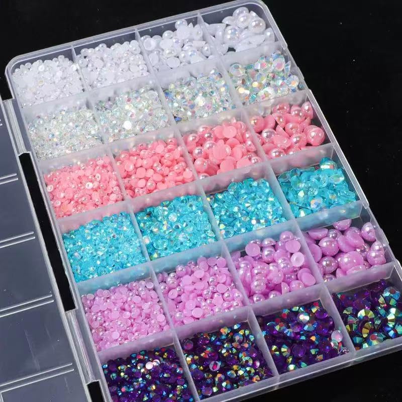 Tiwnefua 24Grid Blue Flatback Rhinestones & Pearls Kit – Mixed 3–8mm Nail Art & Craft Gems