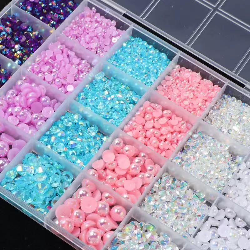 Tiwnefua 24Grid Blue Flatback Rhinestones & Pearls Kit – Mixed 3–8mm Nail Art & Craft Gems
