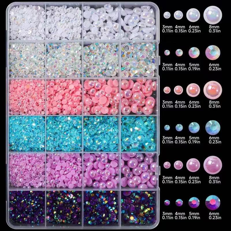 Tiwnefua 24Grid Blue Flatback Rhinestones & Pearls Kit – Mixed 3–8mm Nail Art & Craft Gems