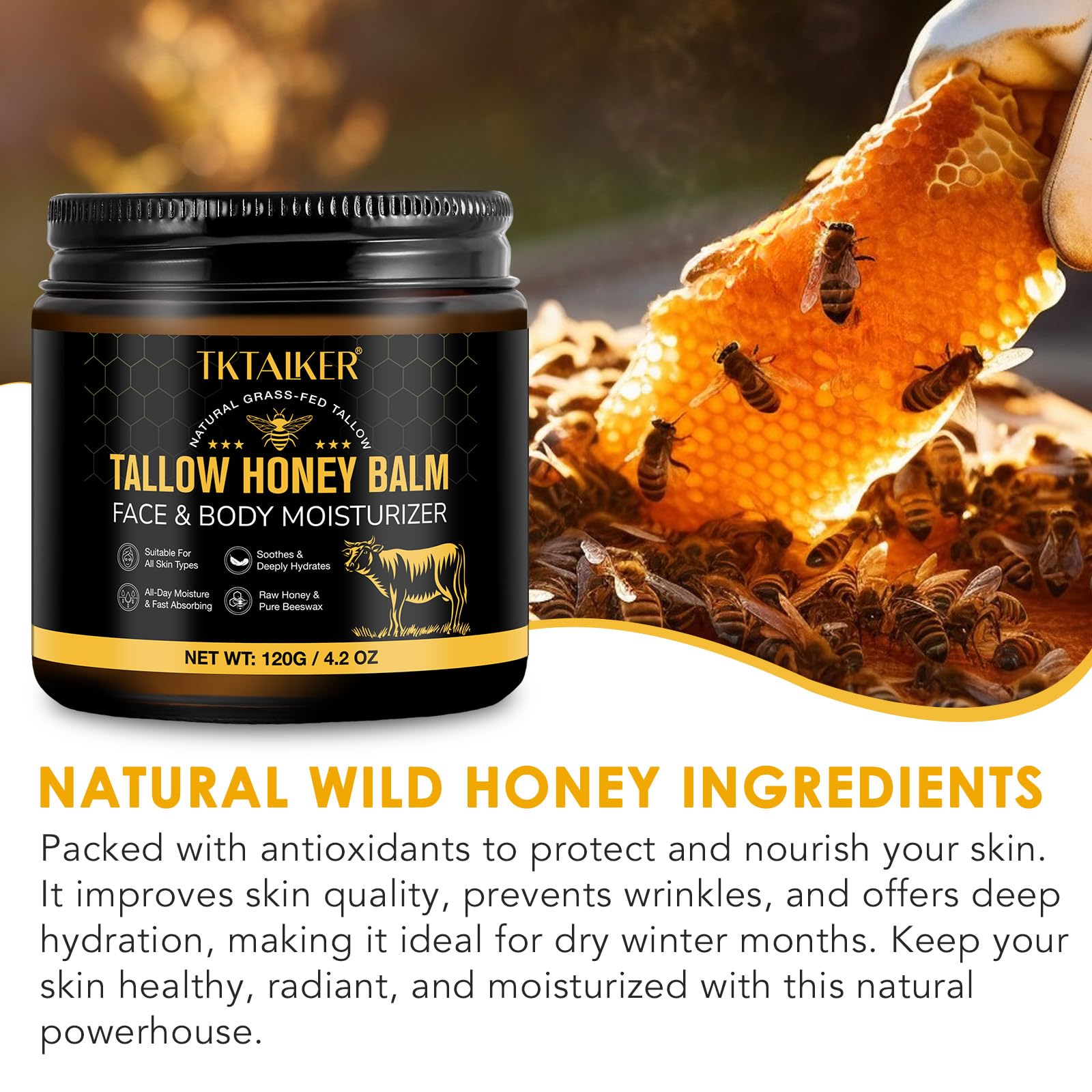 TKTALKER Beef Tallow Balm with Raw Honey & Beeswax — Hydrating Face & Body Moisturizer