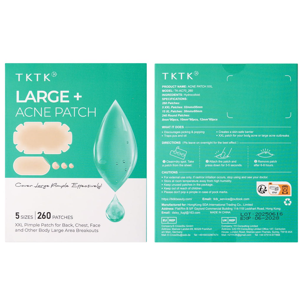 TKTK XXL Body Acne Patches – 5 Sizes, 260 Large Hydrocolloid Patches for Back, Chest & Shoulders