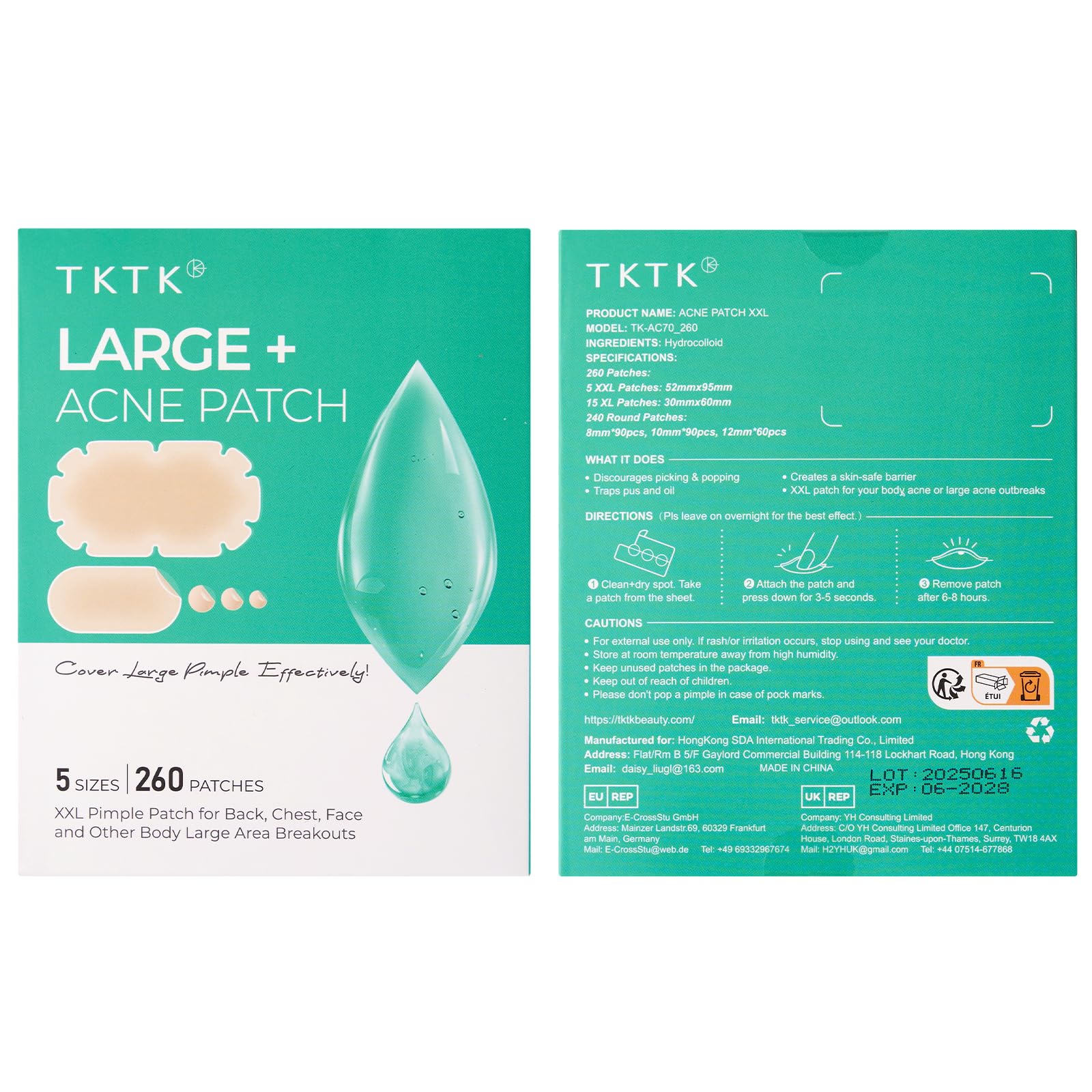 TKTK XXL Body Acne Patches – 5 Sizes, 260 Large Hydrocolloid Patches for Back, Chest & Shoulders