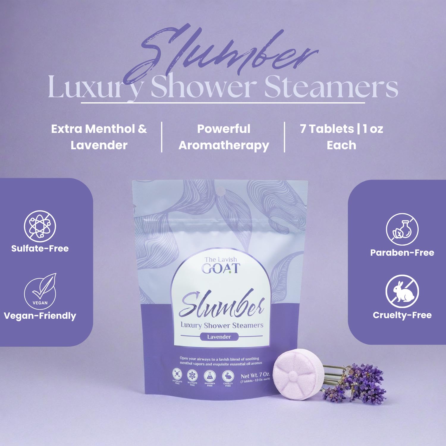 TLG Slumbers Shower Steamers – Lavender & Menthol, USA Made, 7 Pack