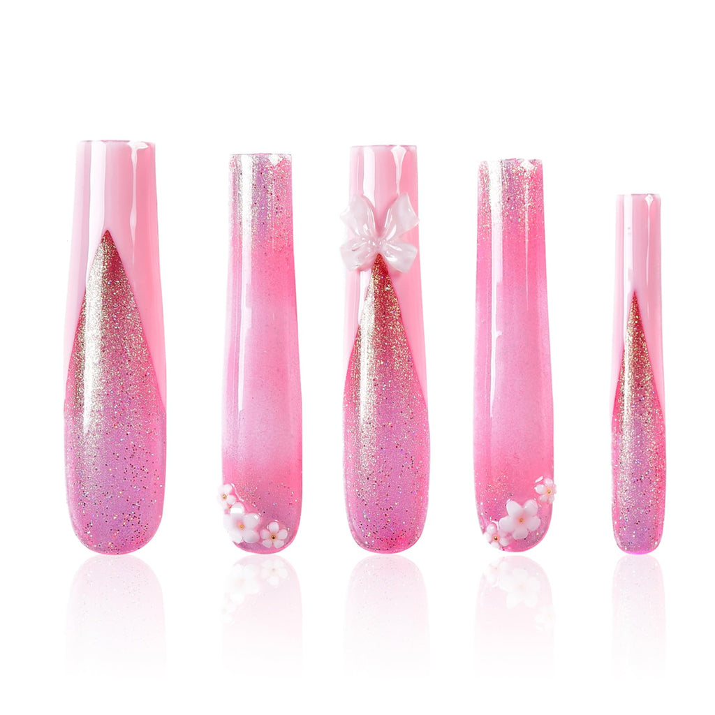 Tmani 10pc Extra Long Handmade Press-On Nails – Ballet Square with Diamond Glitter