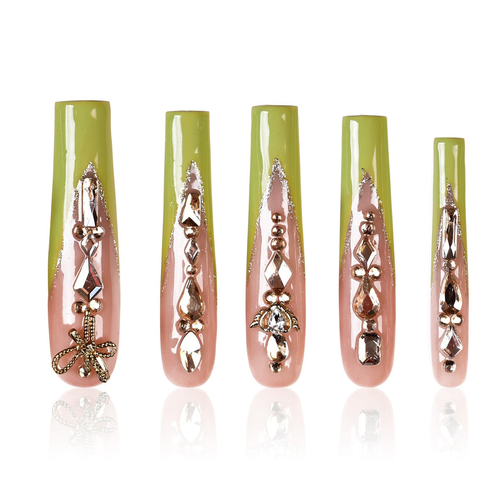 Tmani 10pc Extra Long Handmade Press-On Nails – Diamond Glitter Square Tips for Party & Gift