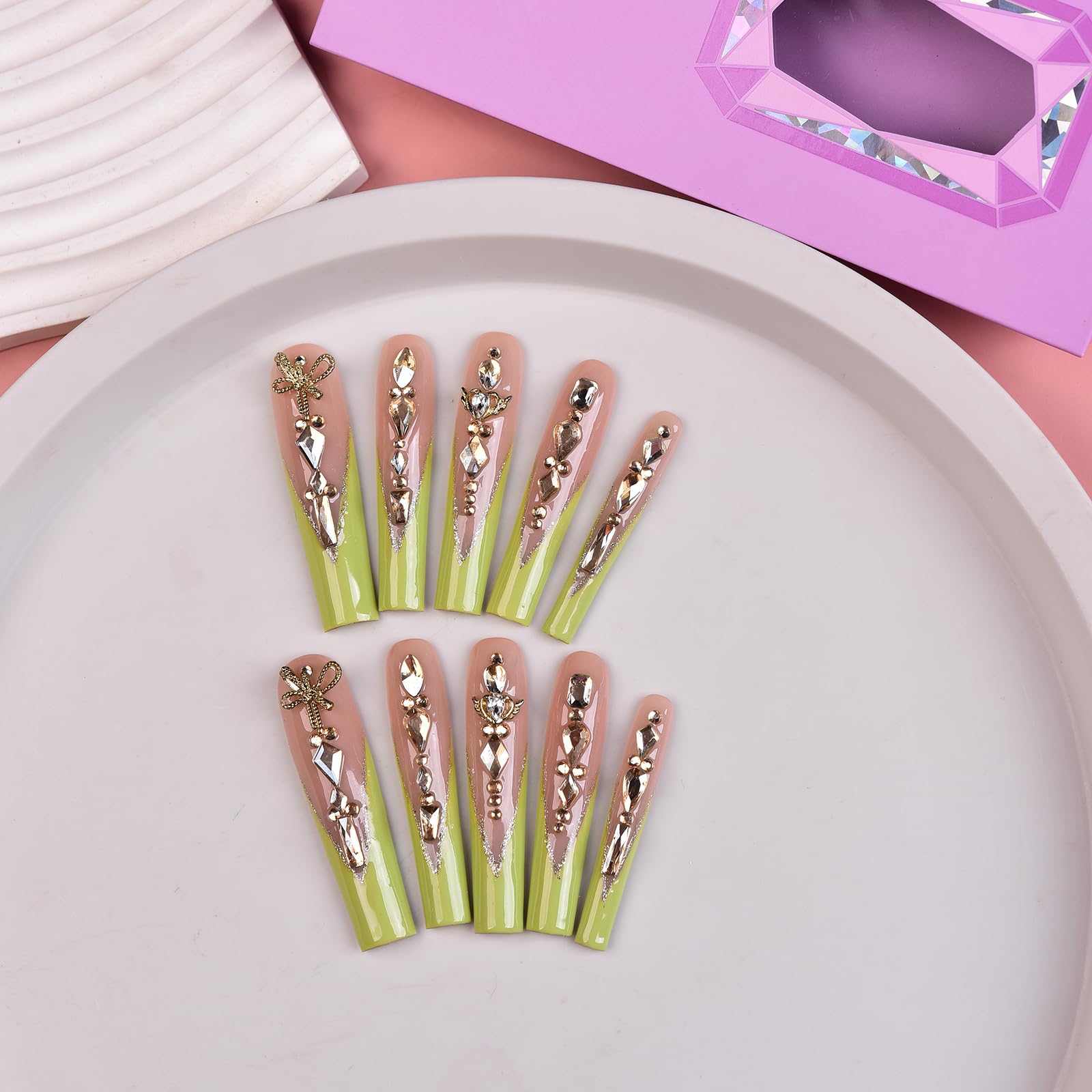 Tmani 10pc Extra Long Handmade Press-On Nails – Diamond Glitter Square Tips for Party & Gift