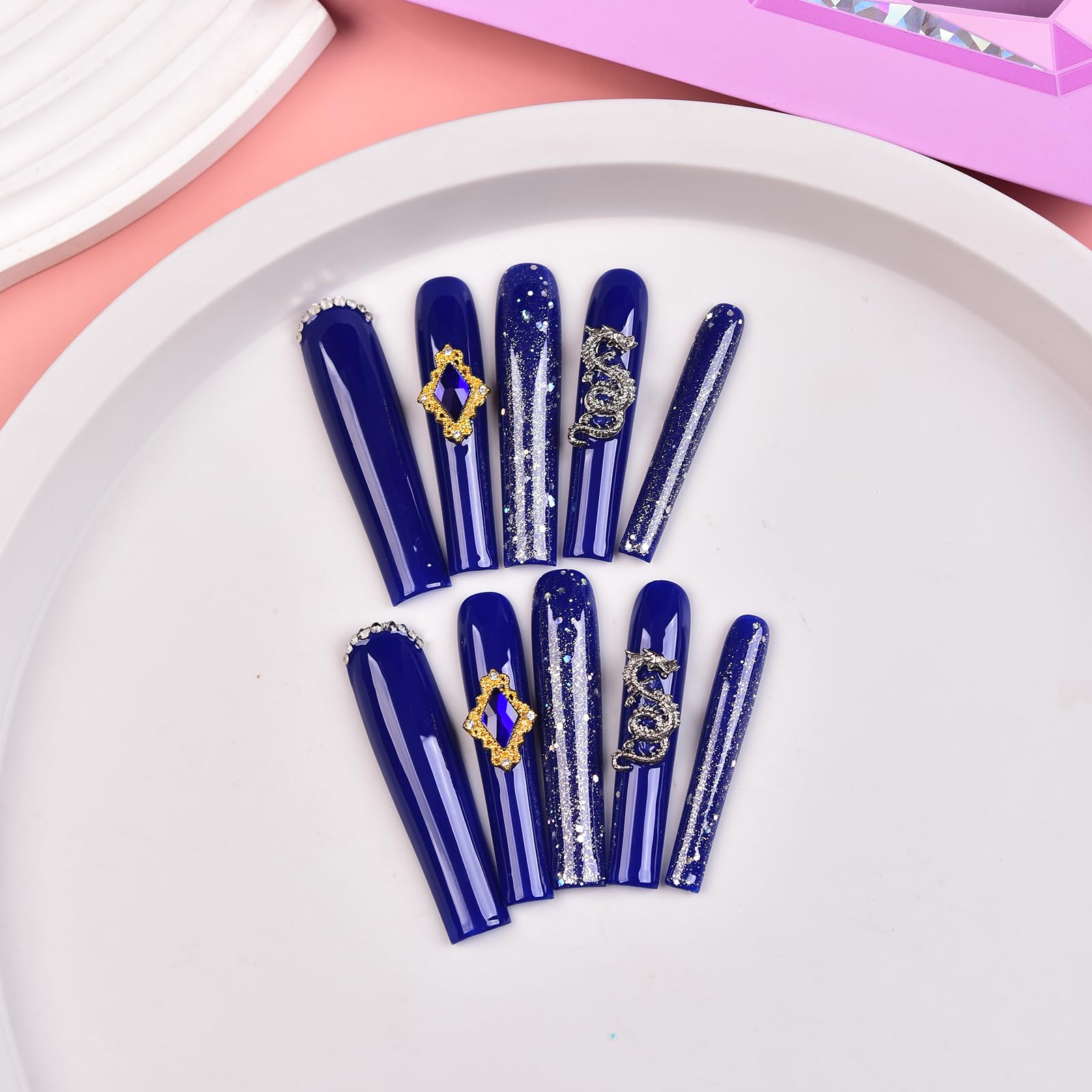 Tmani 10pc Extra Long Handmade Press-On Nails – Diamond Glitter Ballet Nails for Parties & Gifts