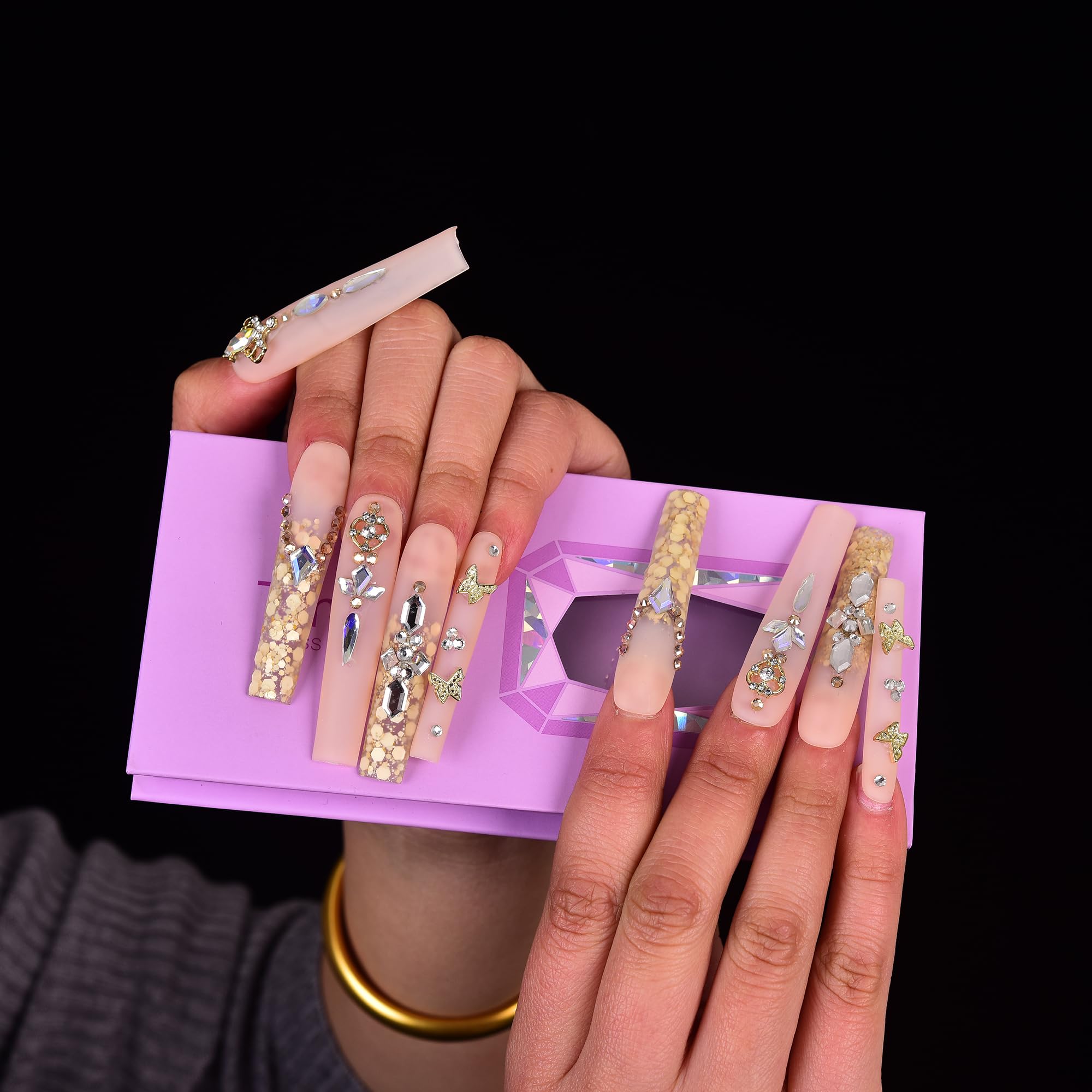 Tmani 10pc Extra Long Handmade Press-On Nails - Long Square Diamond Glitter (Size-L)