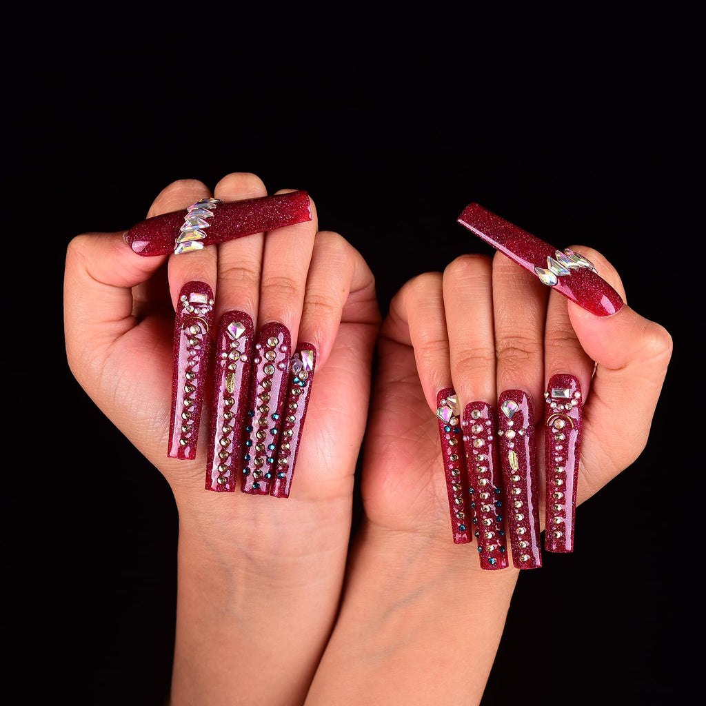 Tmani 10pc Extra Long Handmade Press-On Nails – Square Ballet Nails with Diamond Glitter