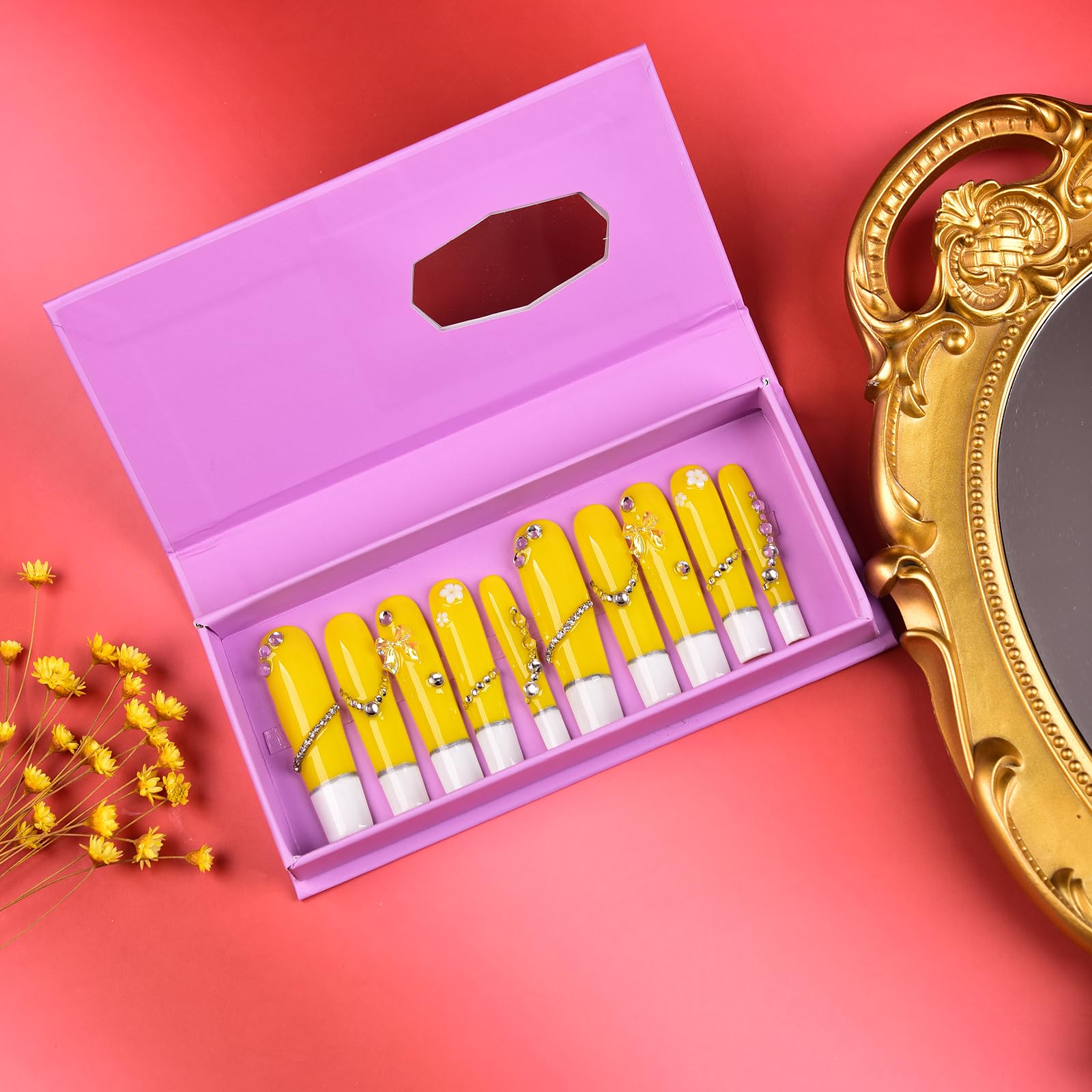 TMANI 10pc Extra Long Handmade Press-On Nails – Diamond Glitter Kit