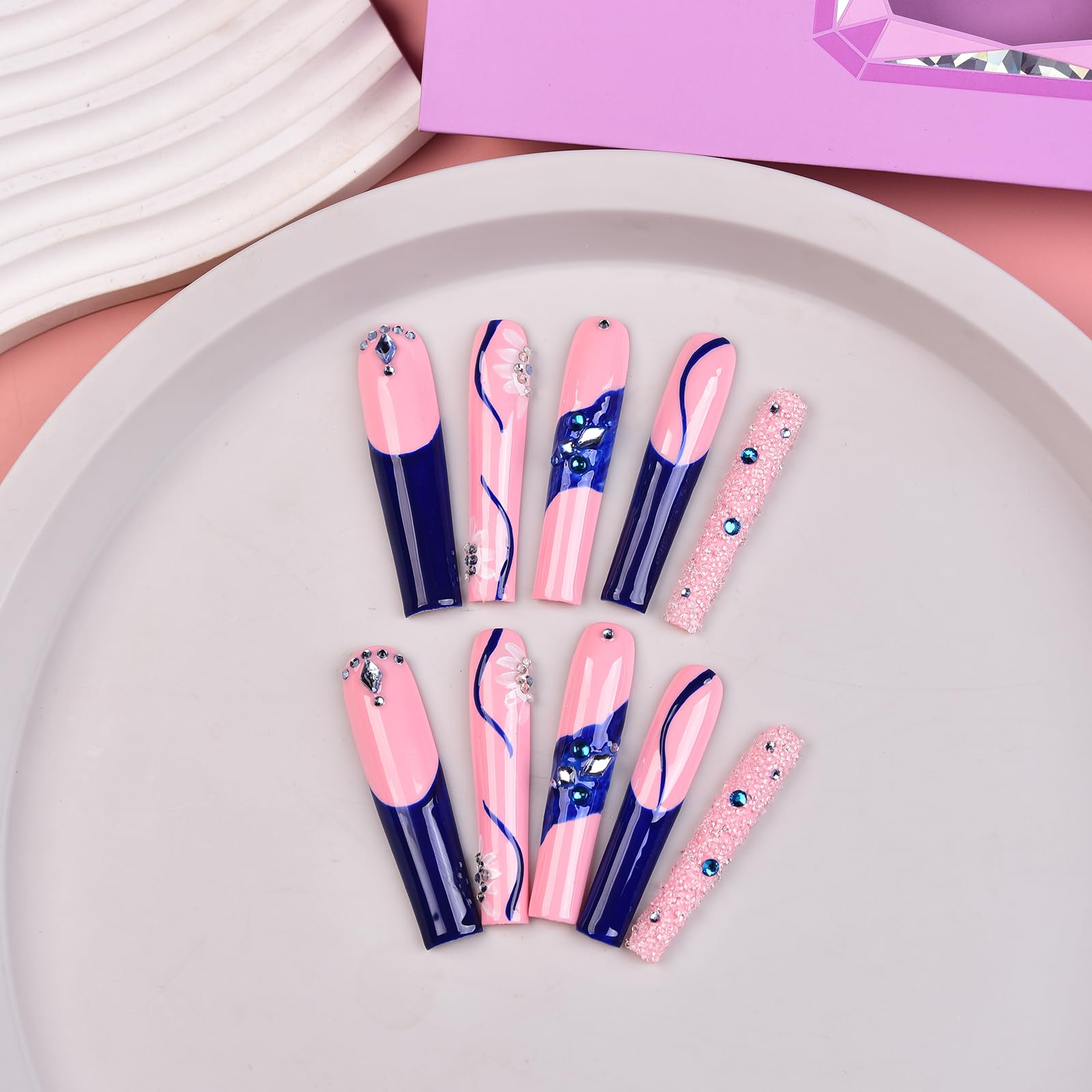 Tmani 10pc Extra-Long Handmade Press-On Nails – Square Glitter Crystal, Purple Case