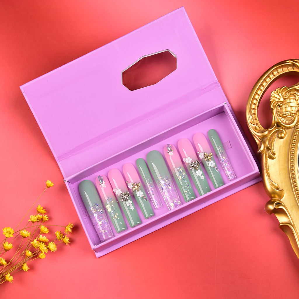 Tmani 10pc Extra Long Handmade Press-On Nails – Diamond Glitter Square Tips
