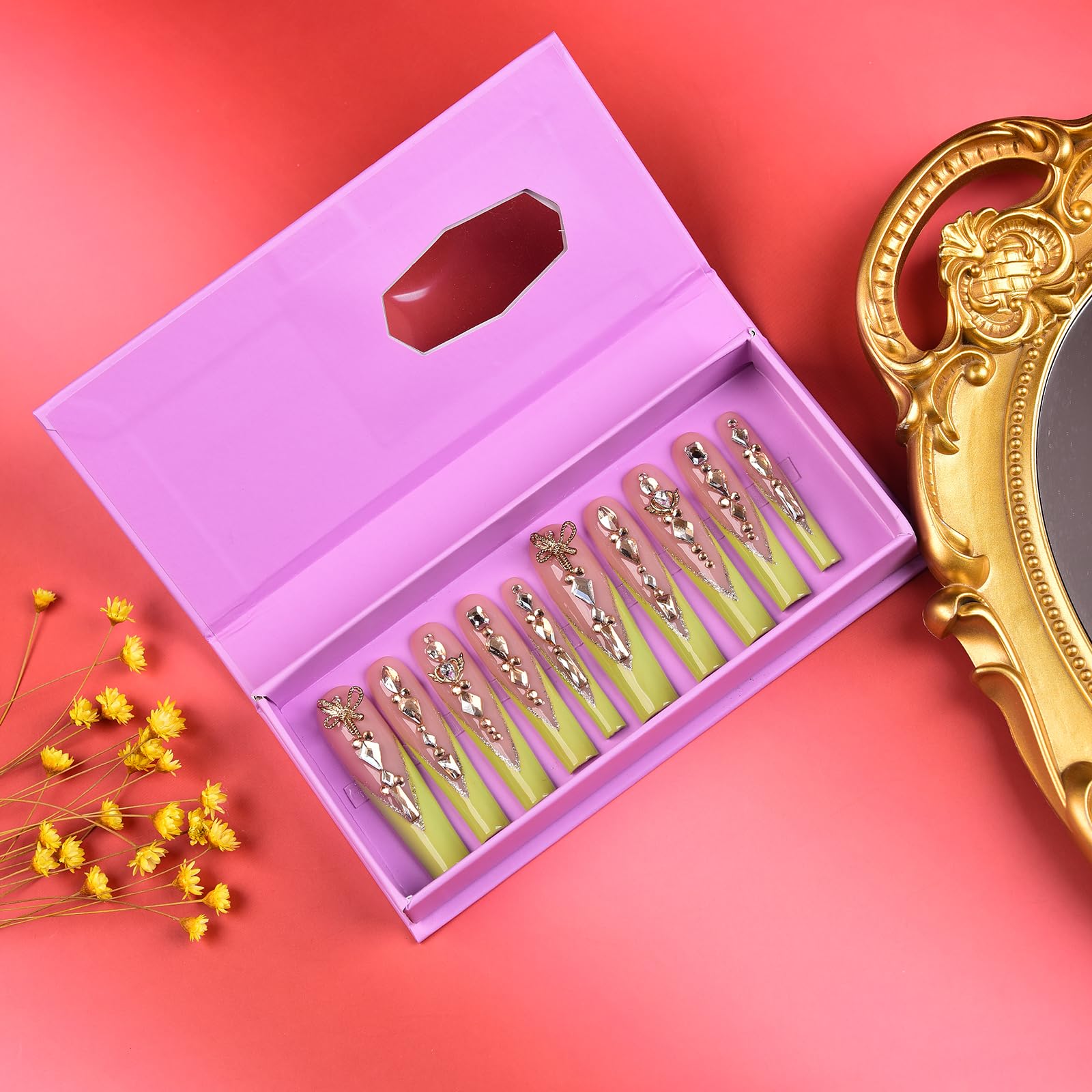 Tmani 10pc Extra Long Handmade Press-On Nails – Diamond Glitter Square Tips