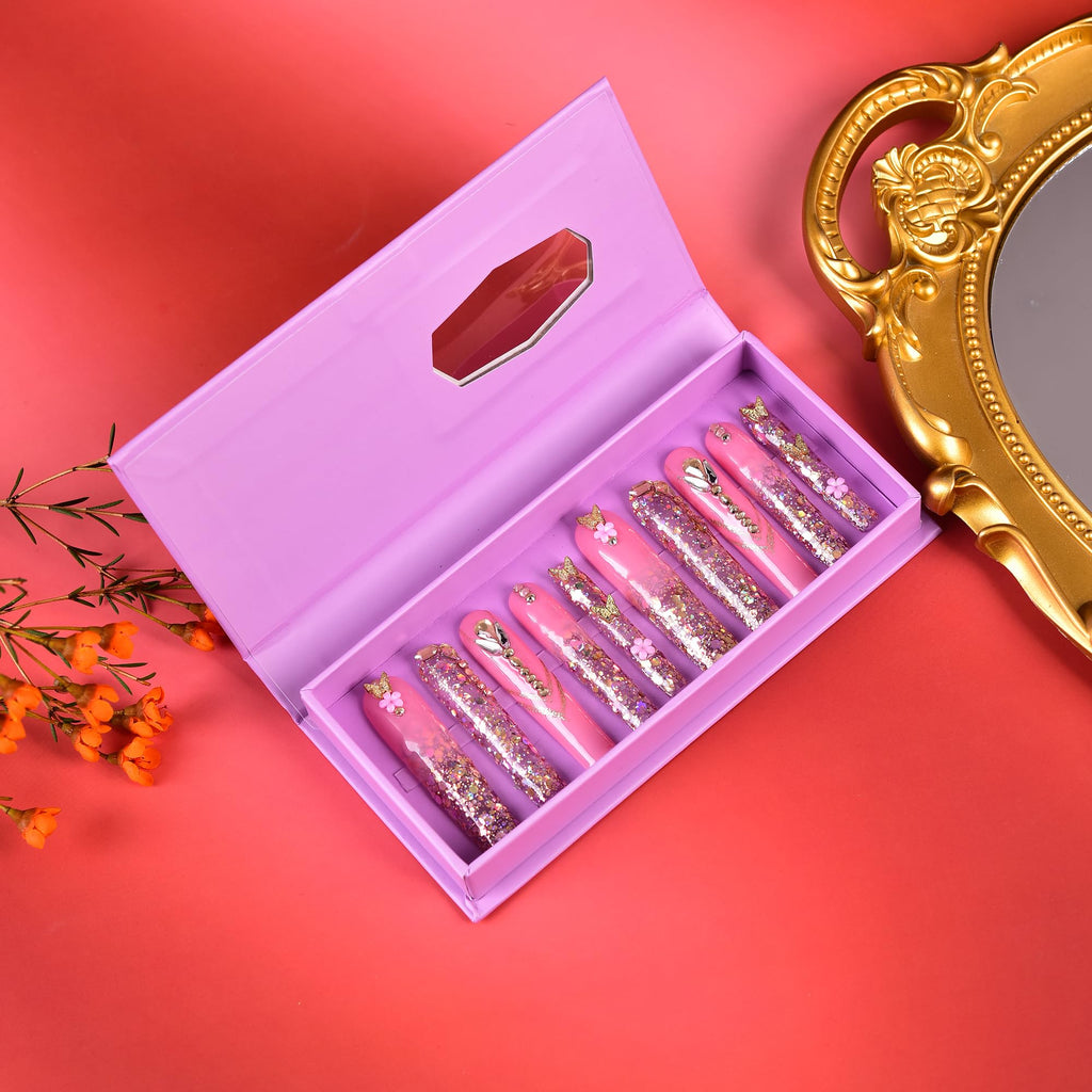 Tmani 10pc Extra Long Handmade Press On Nails – Diamond Glitter, Purple Case