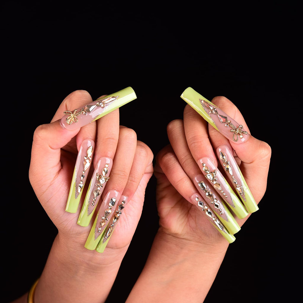 Tmani 10pc Extra Long Handmade Press-On Nails – Diamond Glitter Square Tips