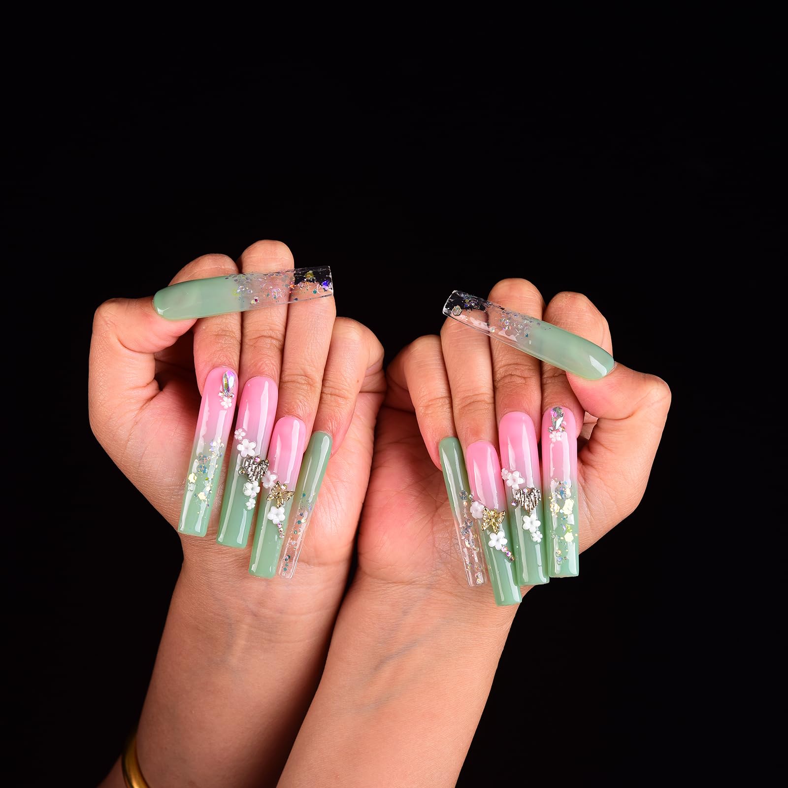 Tmani 10pc Extra Long Handmade Press-On Nails – Diamond Glitter Square Tips