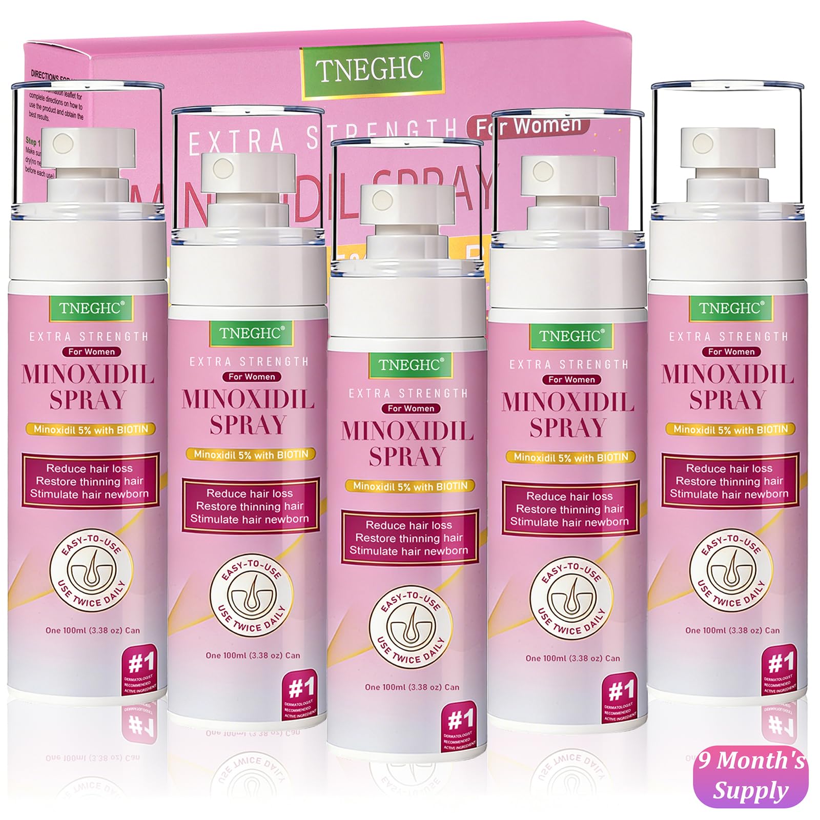 Topical 5% Minoxidil Spray for Hair Regrowth – TNEGHC (9-Month Supply, 5 x 3.38 oz)