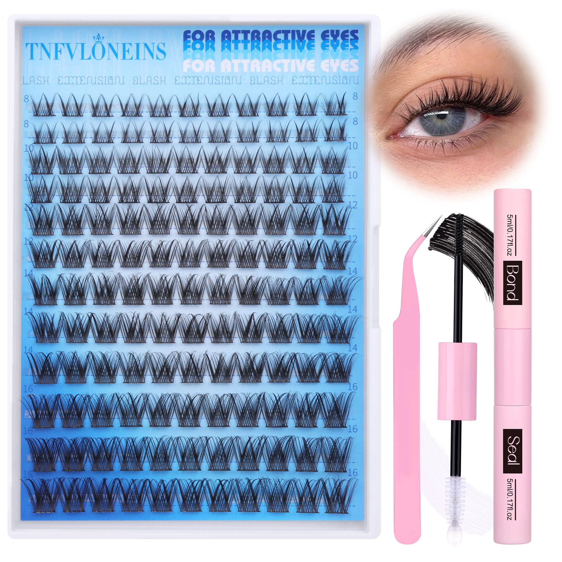 TNFVLONEINS Wispy Lash Extension Kit – Natural Lash Clusters 8–16mm with Bond & Seal