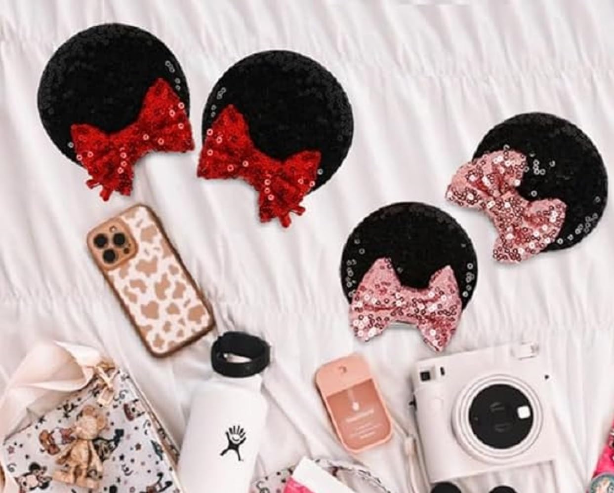 Tobeffect Mouse Ears Hair Bows Clips Glitter Pack – 4 Pairs for Women, Cosplay and Parties