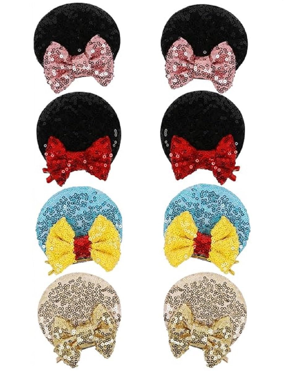 Tobeffect Mouse Ears Hair Bows Clips Glitter Pack – 4 Pairs for Women, Cosplay and Parties