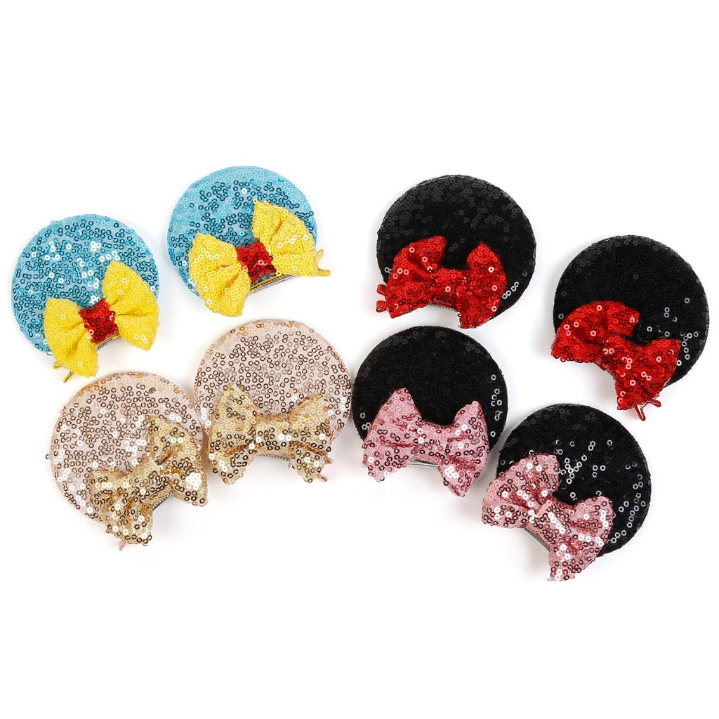 Tobeffect Mouse Ears Hair Bows Clips Glitter Pack – 4 Pairs for Women, Cosplay and Parties