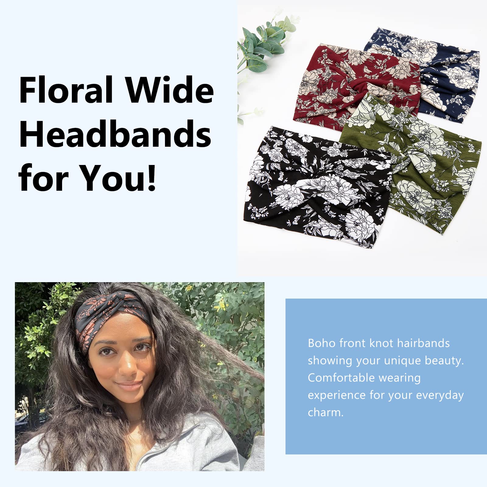 Tobeffect Wide Headbands for Women - 7-Inch Floral Turban Headbands (6 Pack) Boho Hair Accessories