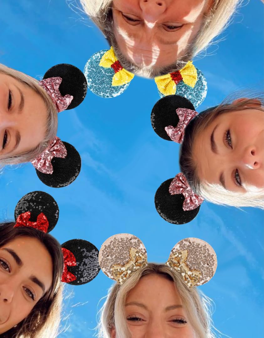 Tobeffect Mouse Ears Hair Bows Clips Glitter Pack – 4 Pairs for Women, Cosplay and Parties