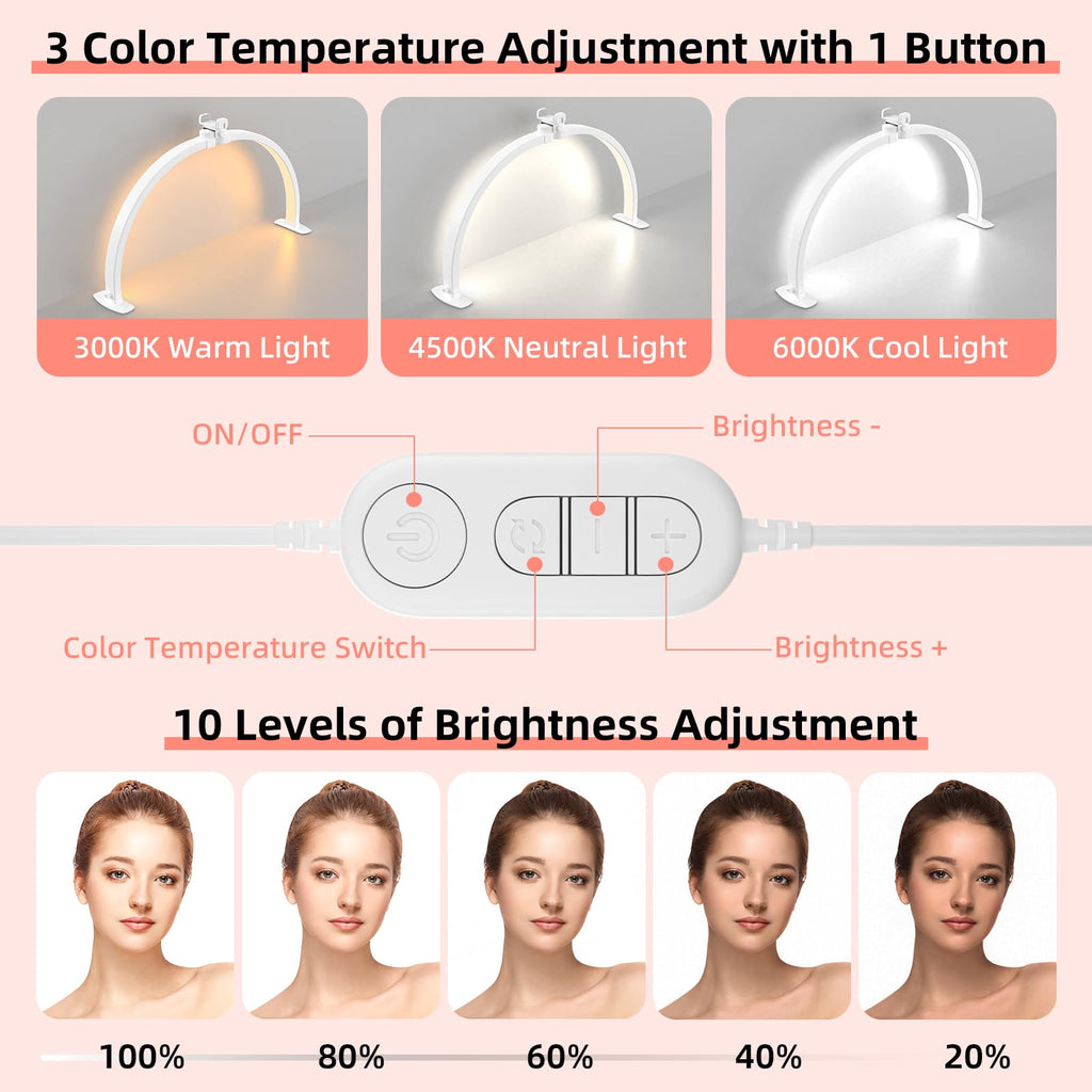 TOELOVE 29-Inch Half Moon Nail Desk Light – Foldable Arch Lamp with Phone Holder, 3 Color Modes, 10 Brightness