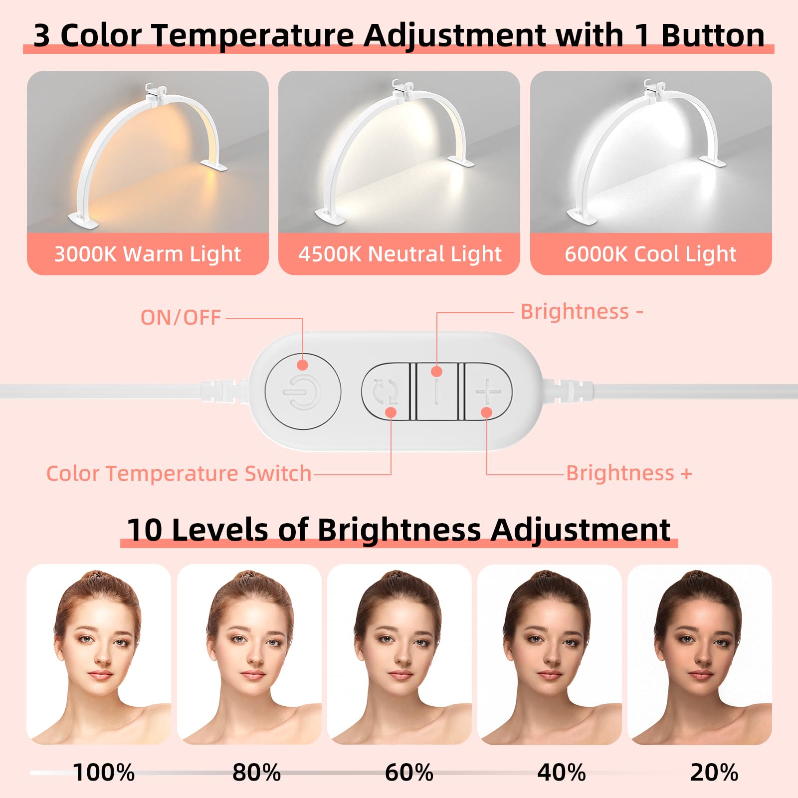 TOELOVE 29-Inch Half Moon Nail Desk Light – Foldable Arch Lamp with Phone Holder, 3 Color Modes, 10 Brightness