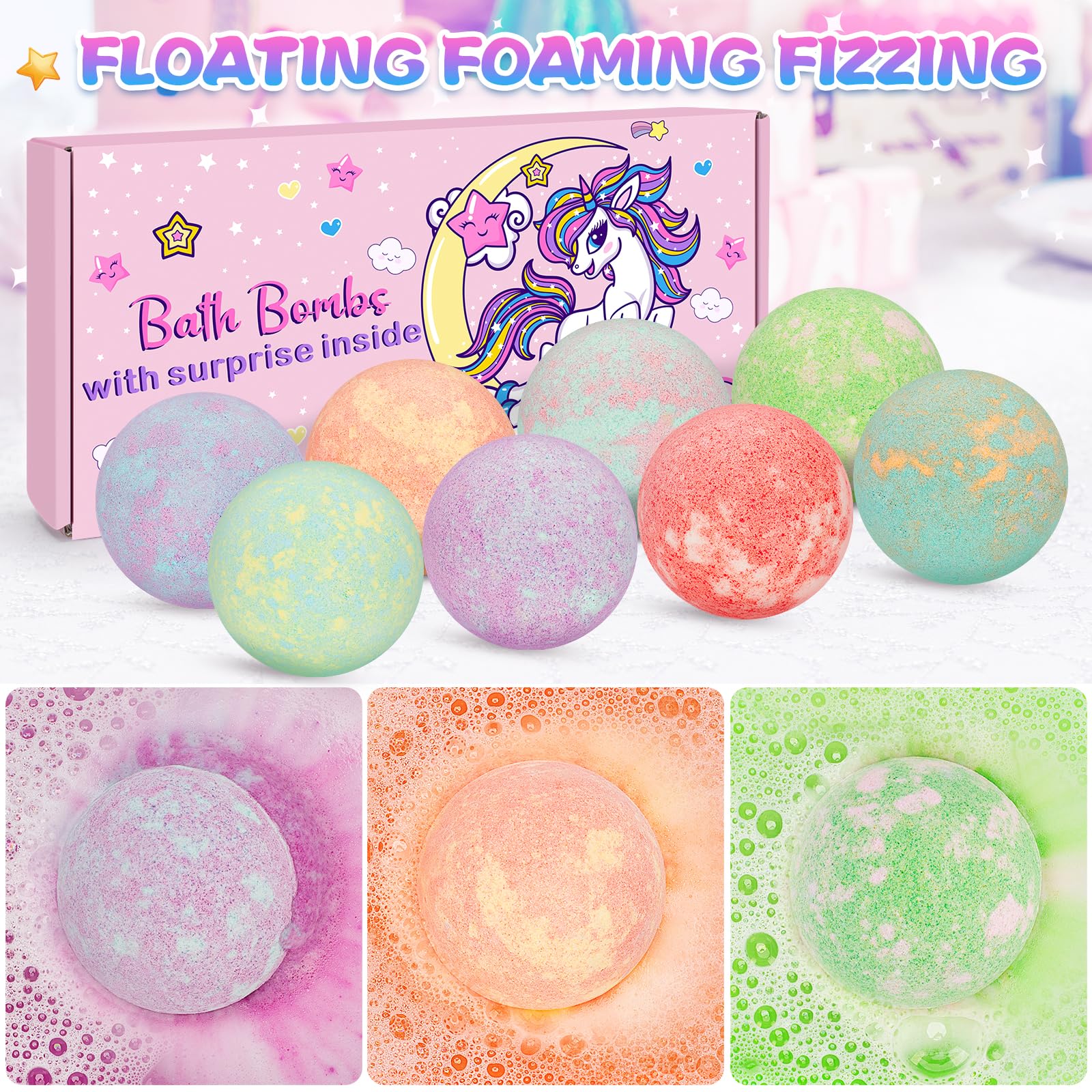 Toidgy 8 Pack Organic Bubble Bath Bombs for Kids – Mermaid, Unicorn & Rainbow Toys Inside