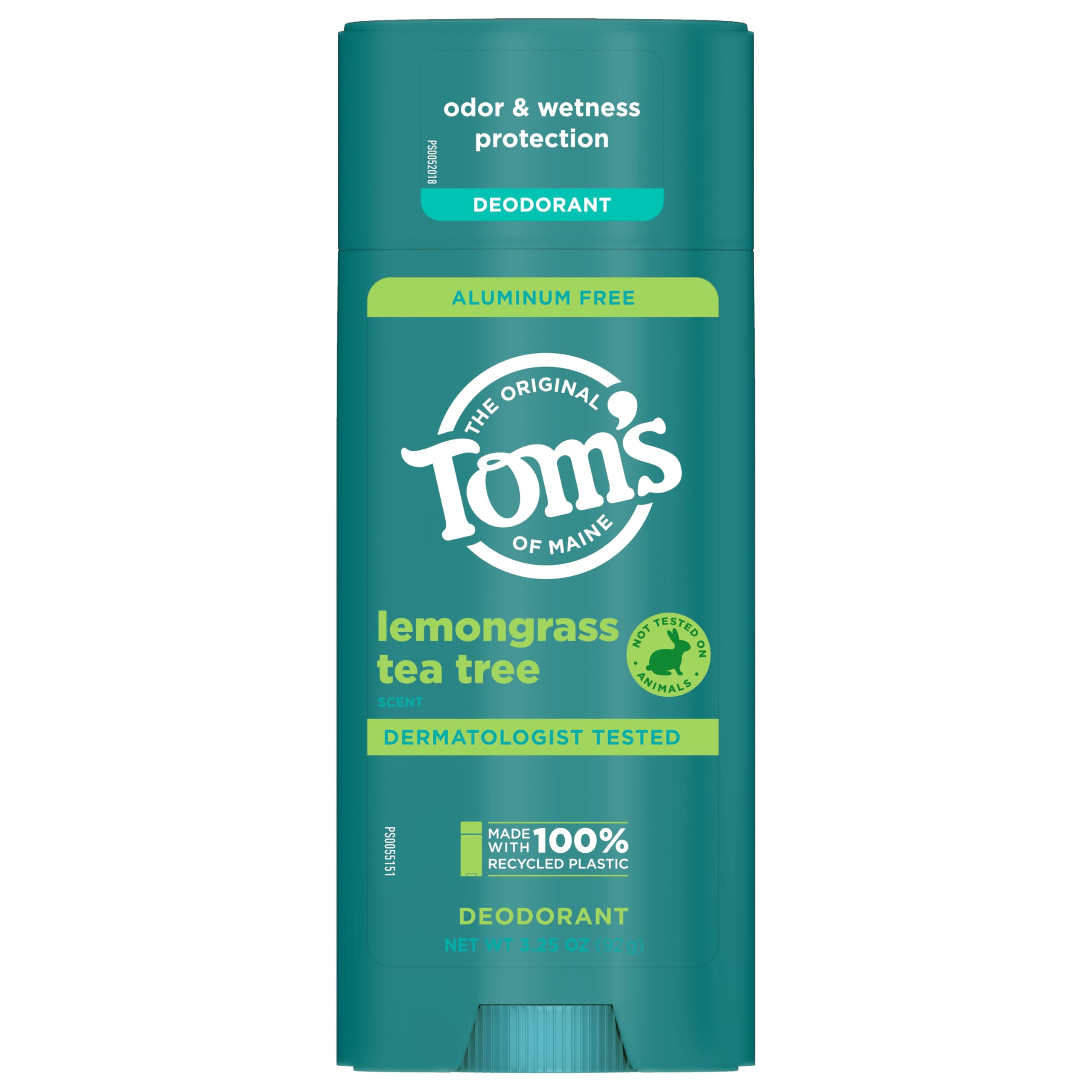 Tom's of Maine Lemongrass Tea Tree Aluminum-Free Deodorant for Women & Men | Clear Application | Odor & Wetness Protection | 3.25 oz