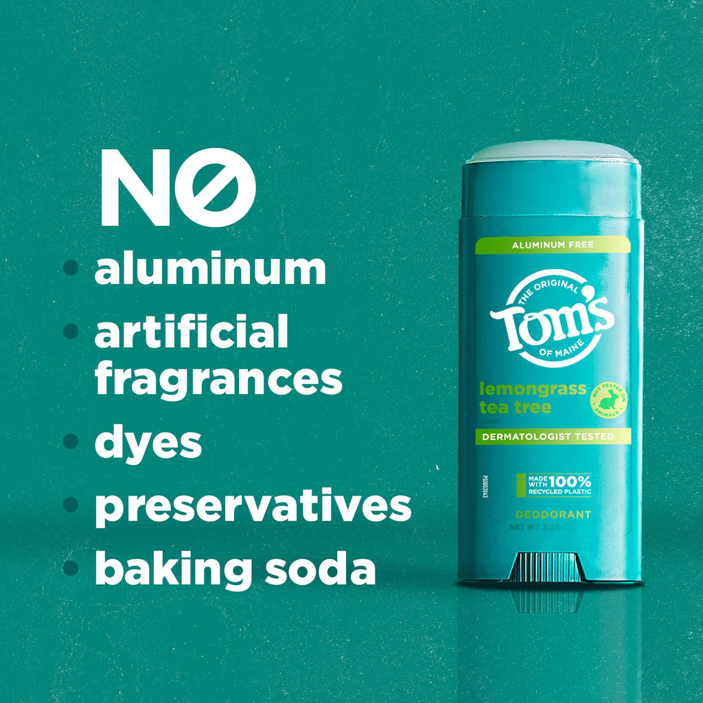 Tom's of Maine Lemongrass Tea Tree Aluminum-Free Deodorant for Women & Men | Clear Application | Odor & Wetness Protection | 3.25 oz