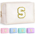 TOPEAST Initial Cosmetic Bag for Women – Monogrammed PU Leather Waterproof Toiletry Bag, White S