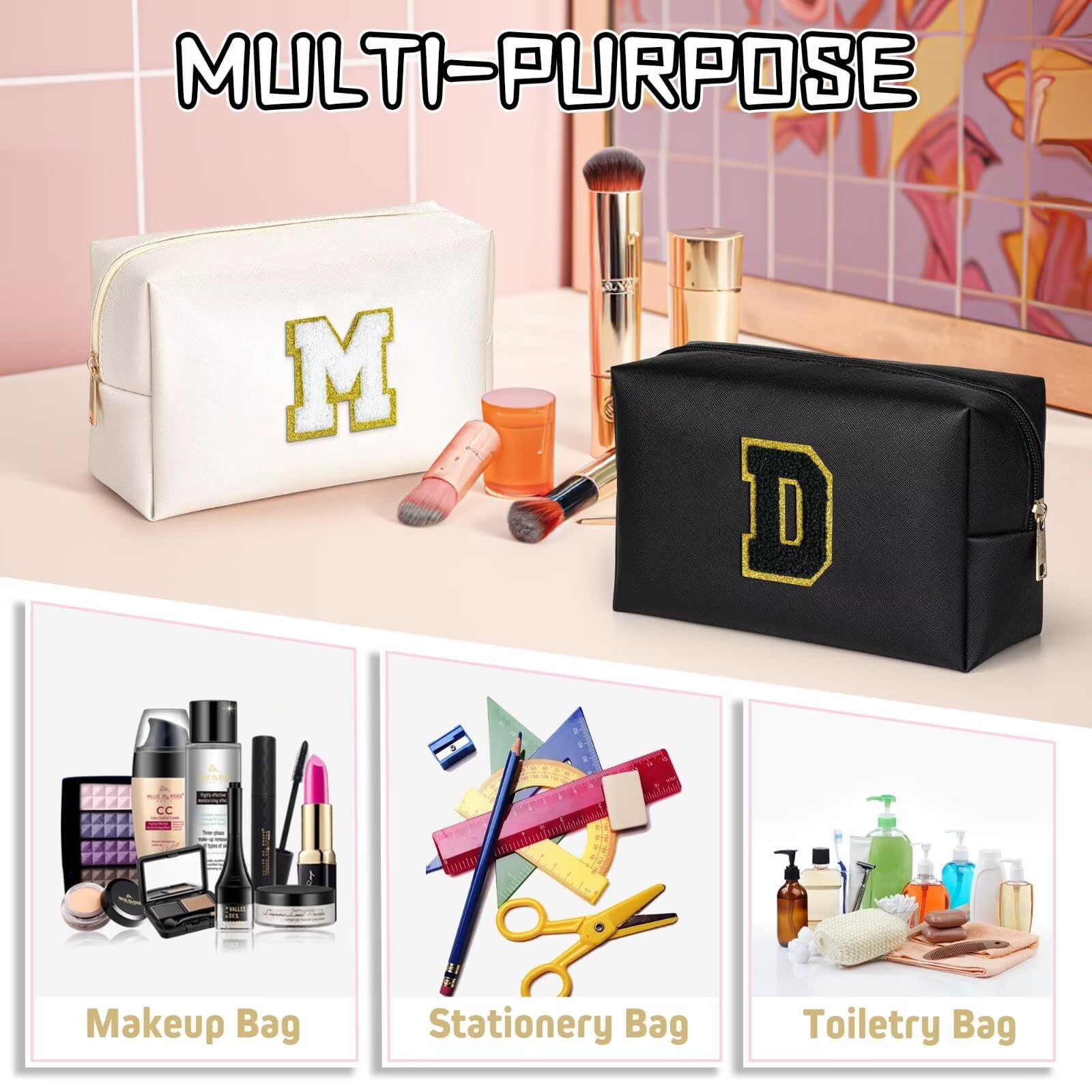 TOPEAST Monogram Makeup Bag with Chenille Patch – Travel Cosmetic Bag, Birthday Gifts for Girls