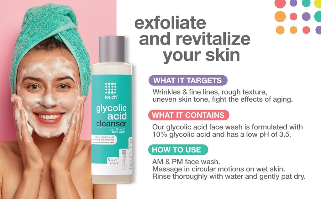 TOUCH 10% Glycolic Acid Face Wash – Exfoliating Foaming Cleanser, 6 oz