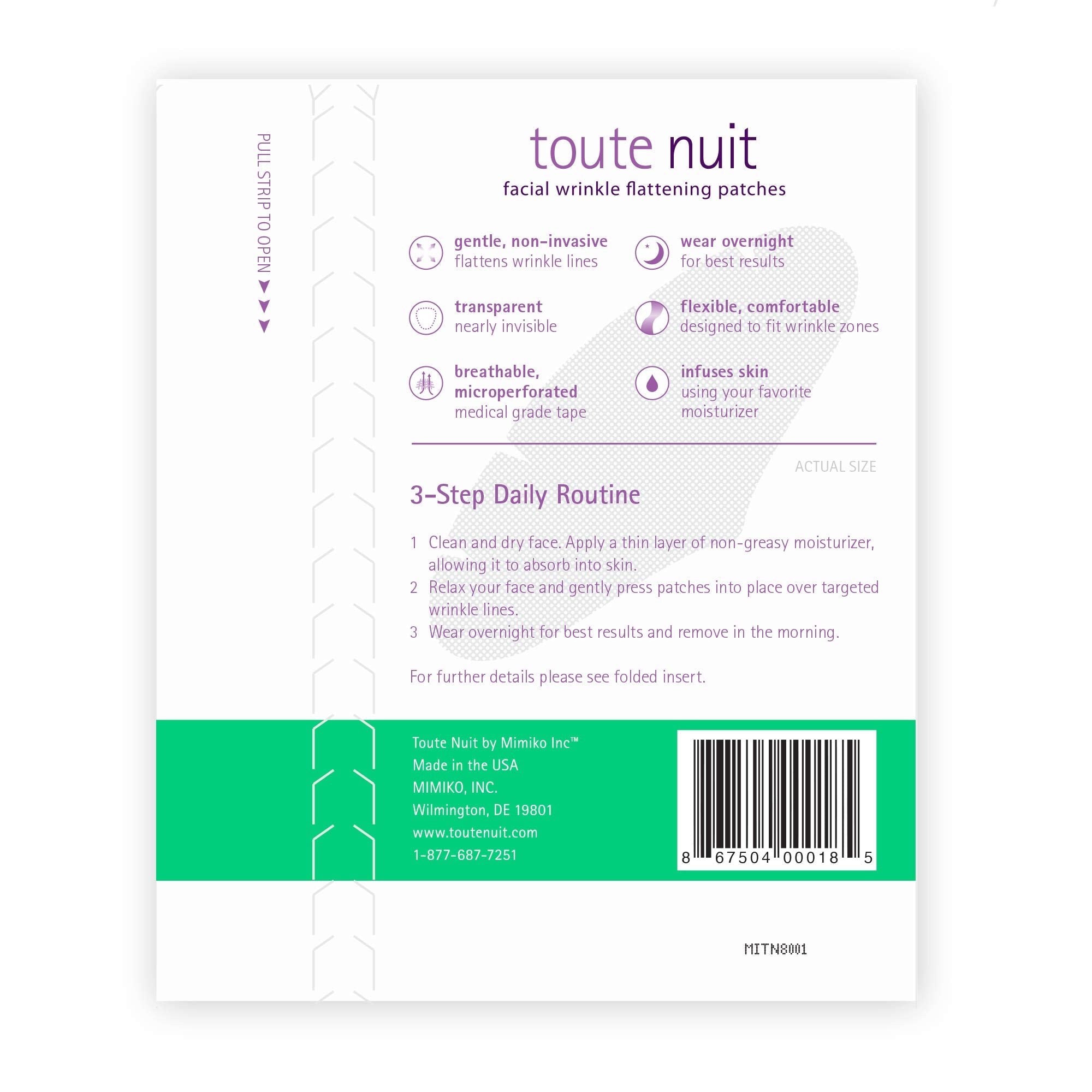Toute Nuit Wrinkle Patches – Grooves for Maximum Forehead Coverage | Hypoallergenic, Made in USA (Pack of 2, 20 per pack)